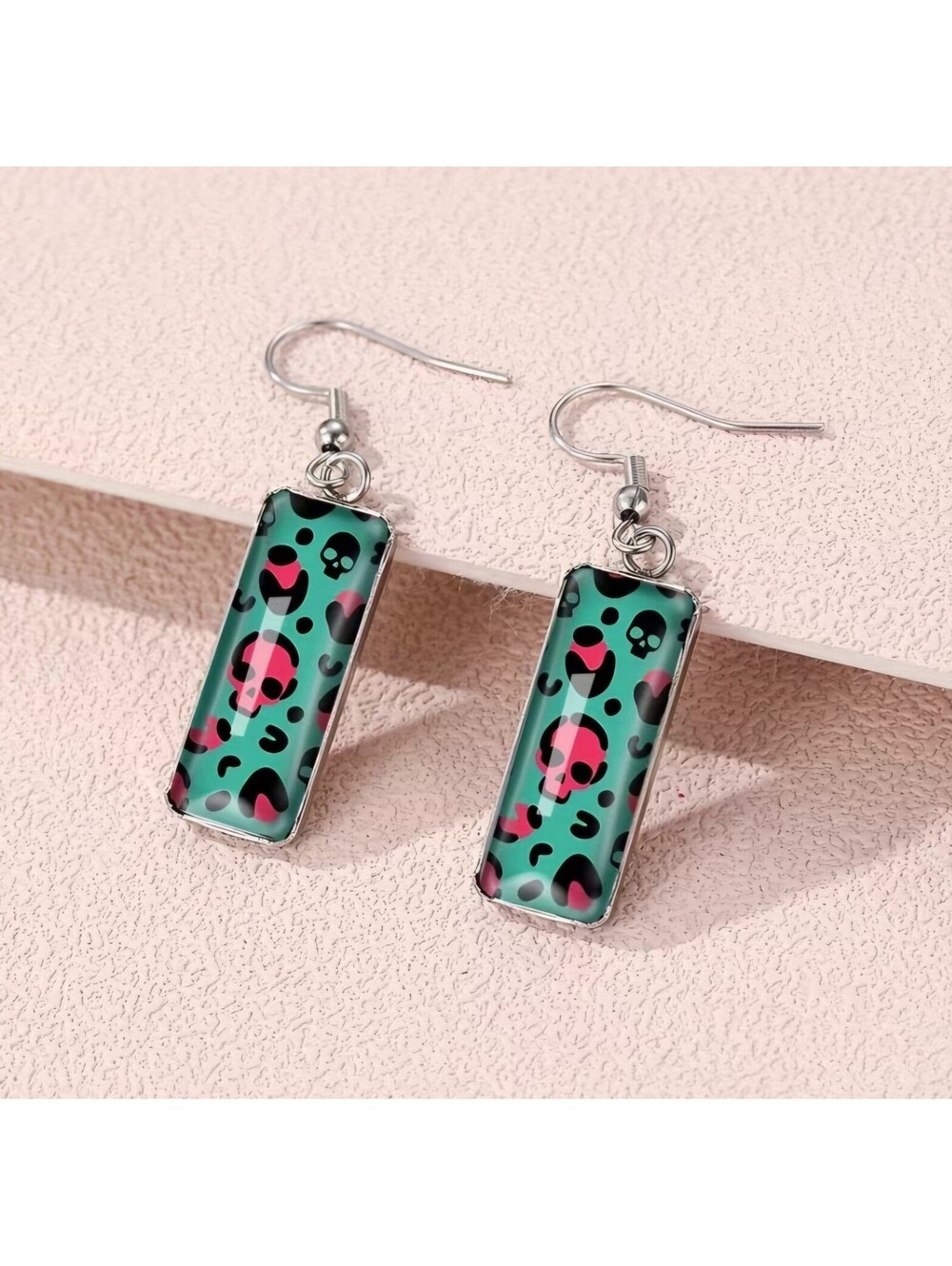 Teal Leopard Print Rectangle Dangle Earrings